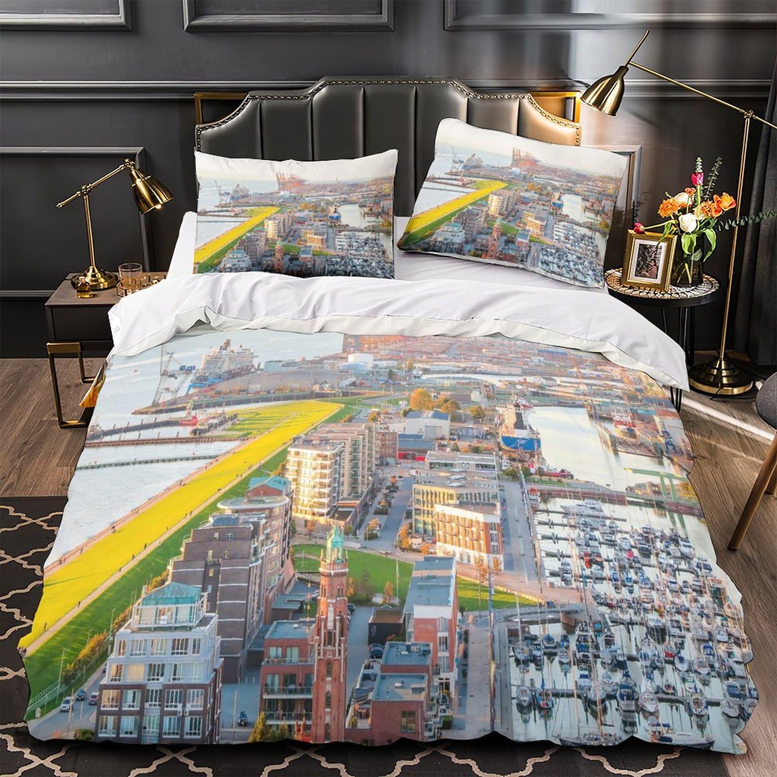 MMDASBVPE Harbor Cityscape Duvet Cover 3D Design Printed Machine Washable 3 Pieces Bedding Set Zipper Quilt Cover Hotel Quality Durable for Adults Kids Women Teens Youth King（220x240cm）