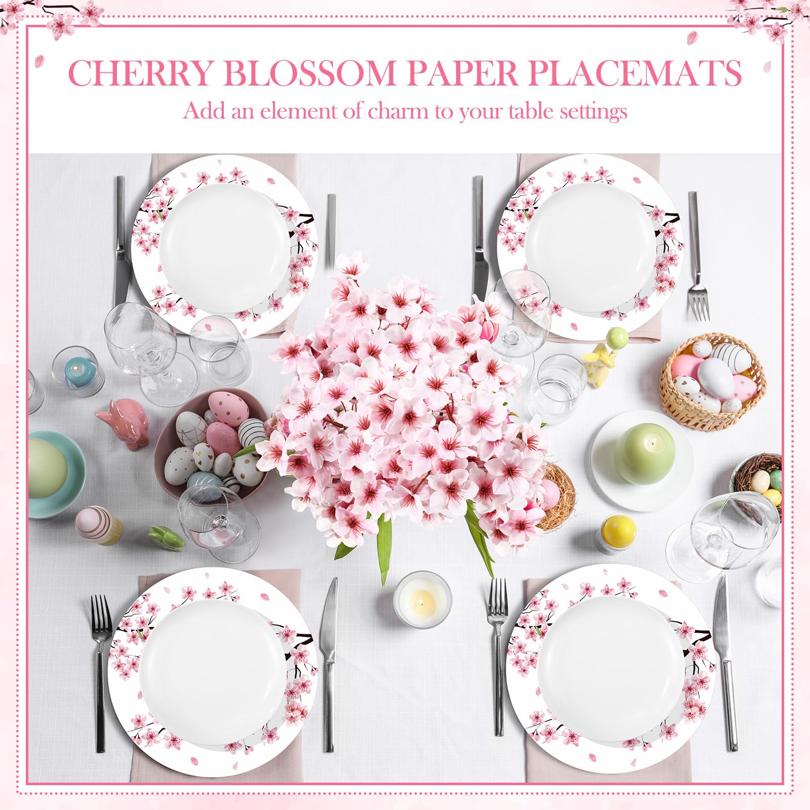 Paquete de 100 manteles individuales de papel de flor de cerezo de 13 pulgadas, desechables, manteles individuales de papel redondos, suministros de fiesta de flores de cerezo para