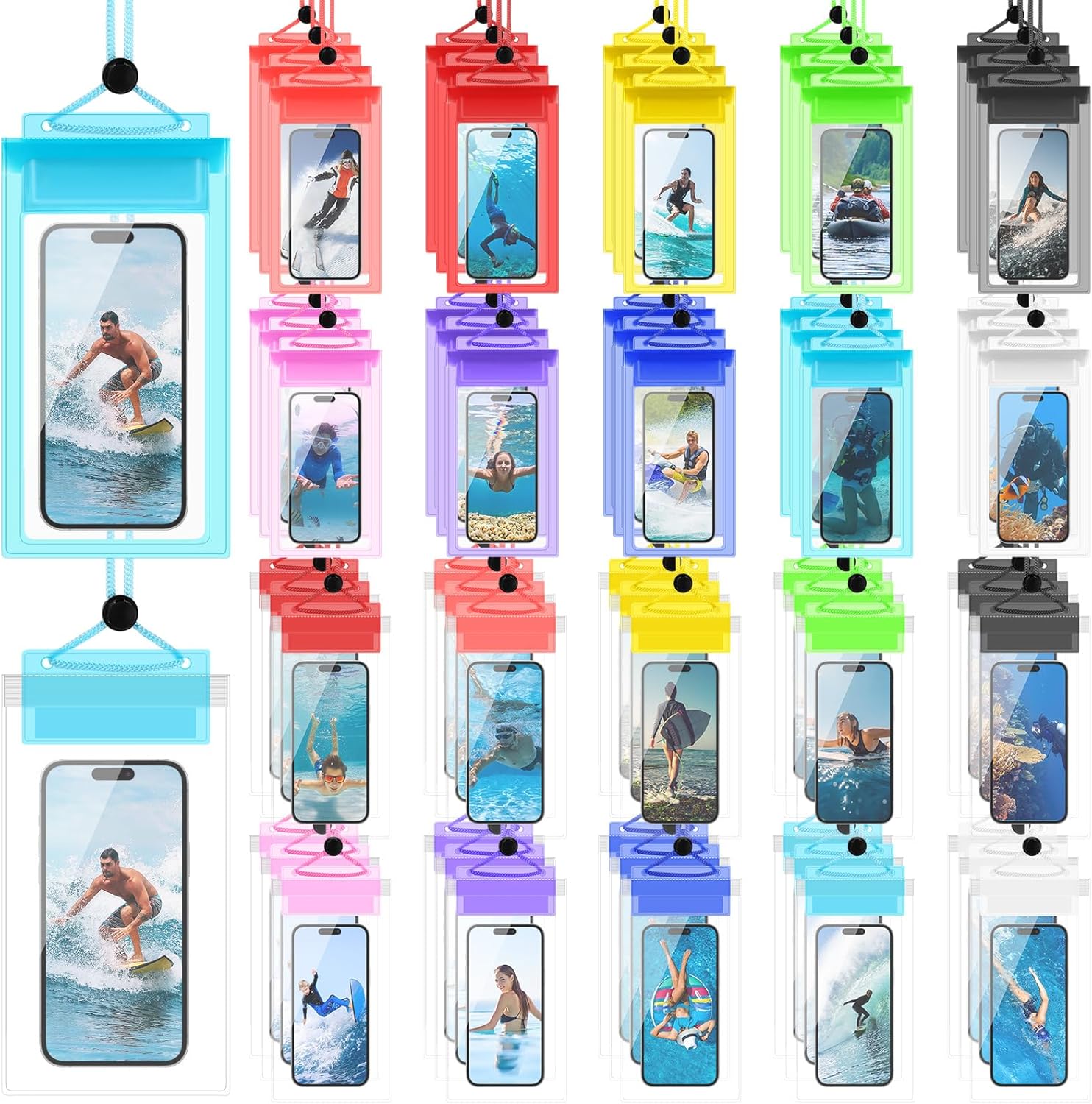 Flutesan 60 Pack Waterproof Phone Pouch with Adjustable Lanyard 7.5'' Large Phone Dry Case Bag Multicolor Universal Compatible Smartphones for Swimming Pool Beach Water Park Diving Surfing