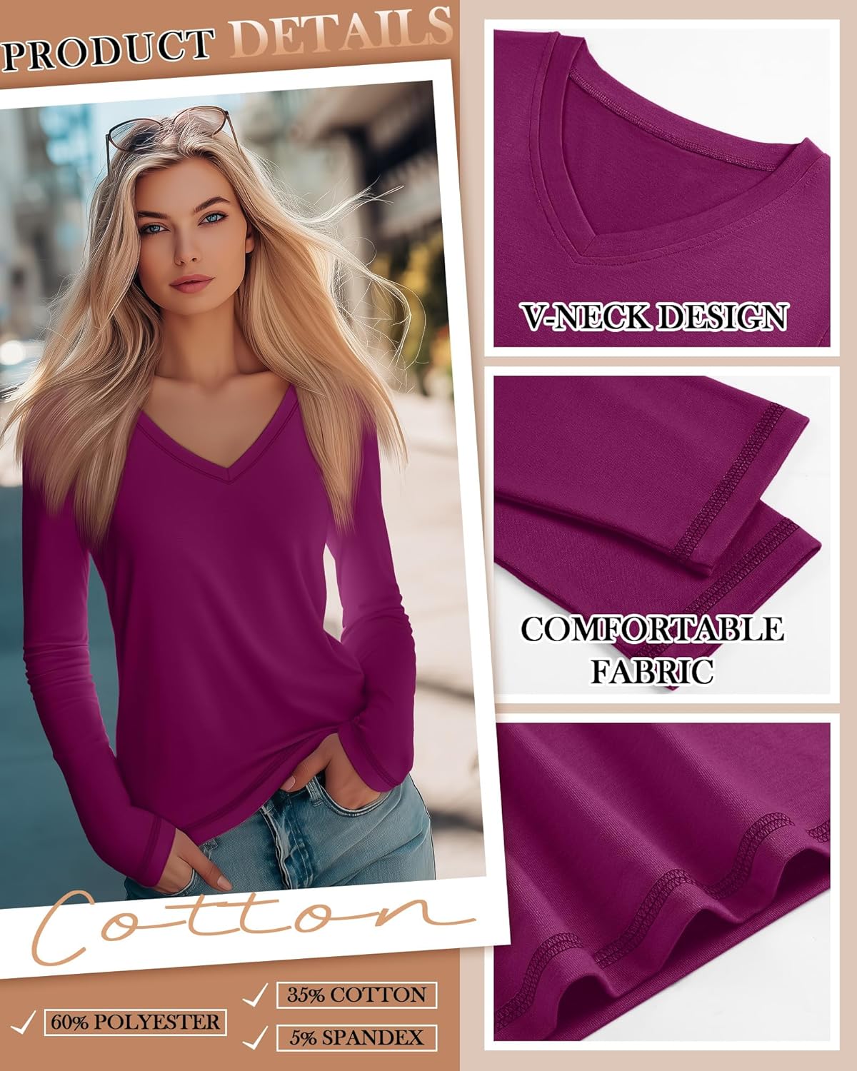 3 Pack Women's Long Sleeve T Shirts Casual V Neck Tops Loose Fit Basic Tees Soft Fall Tee Shirts - Image 2