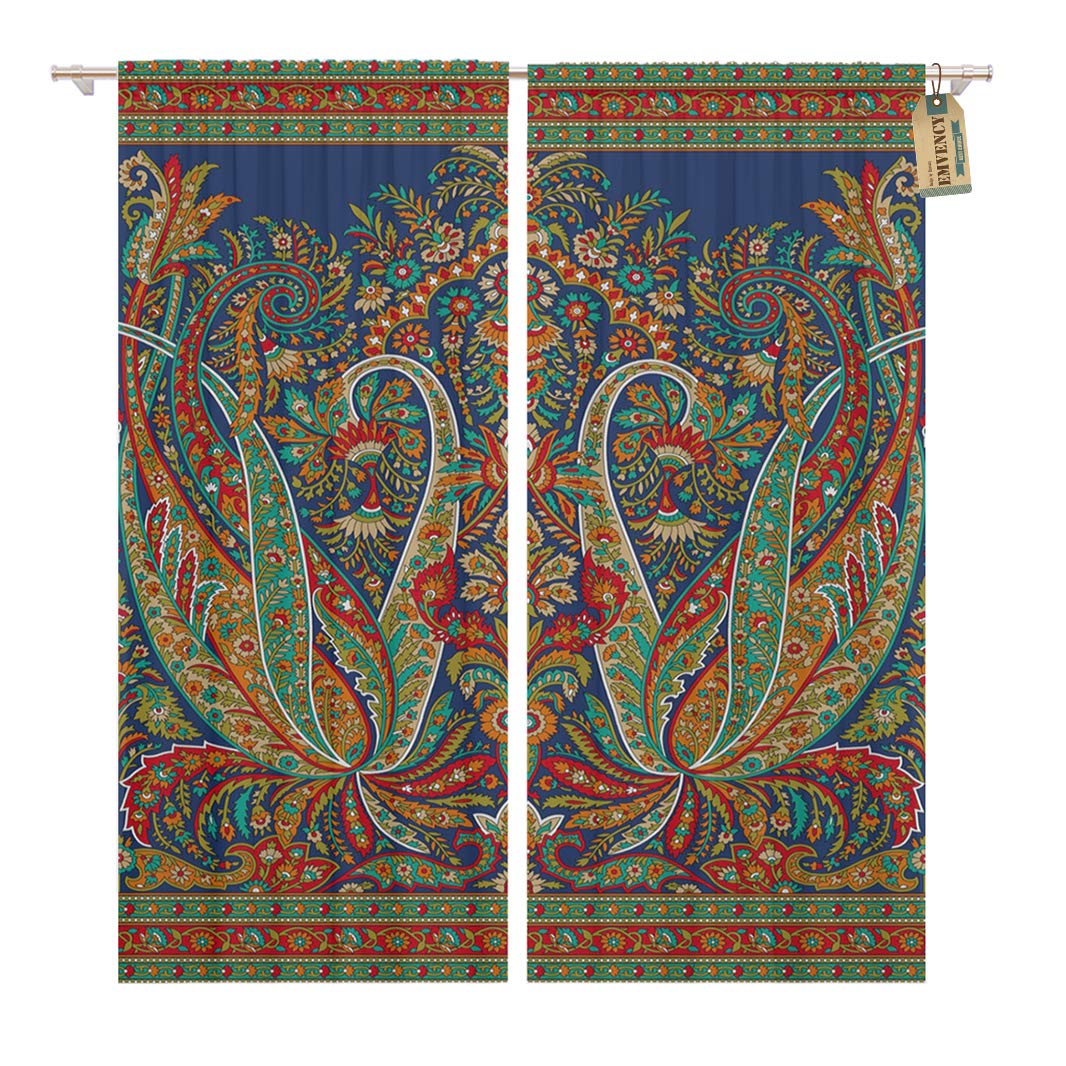 Golee Window Curtain Colorful Vintage Indian Paisley Green Baroque Persian Abstract Scarf Home Decor Rod Pocket Drapes 2 Panels Curtain 104 x 84 inches