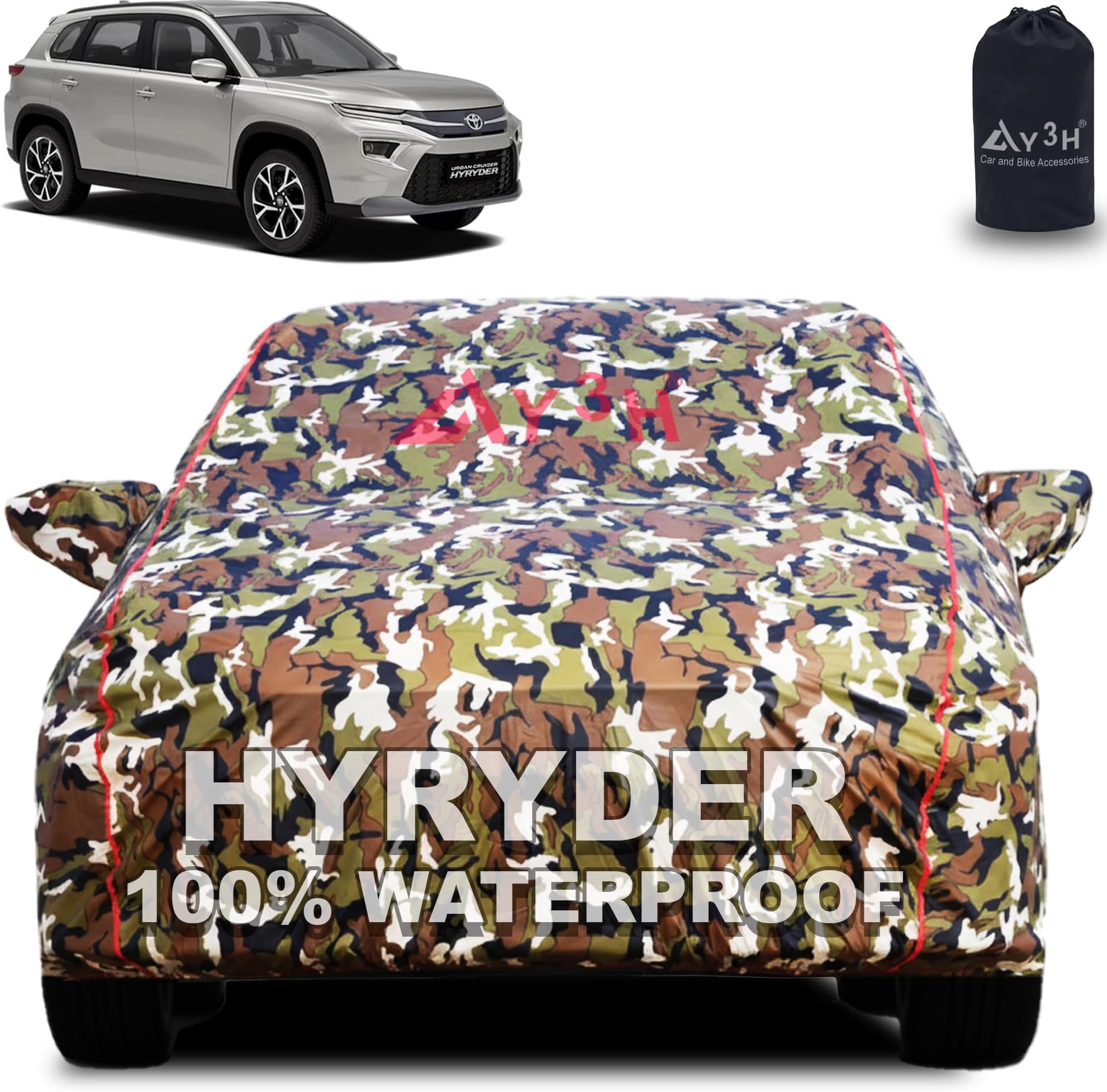 100% Waterproof Car Body Cover Compatible with Toyota Hyryder | All Weather, Dust Proof, UV Protective & Inside Cotton Lining with Mirror Pocket (Magic Jungle)