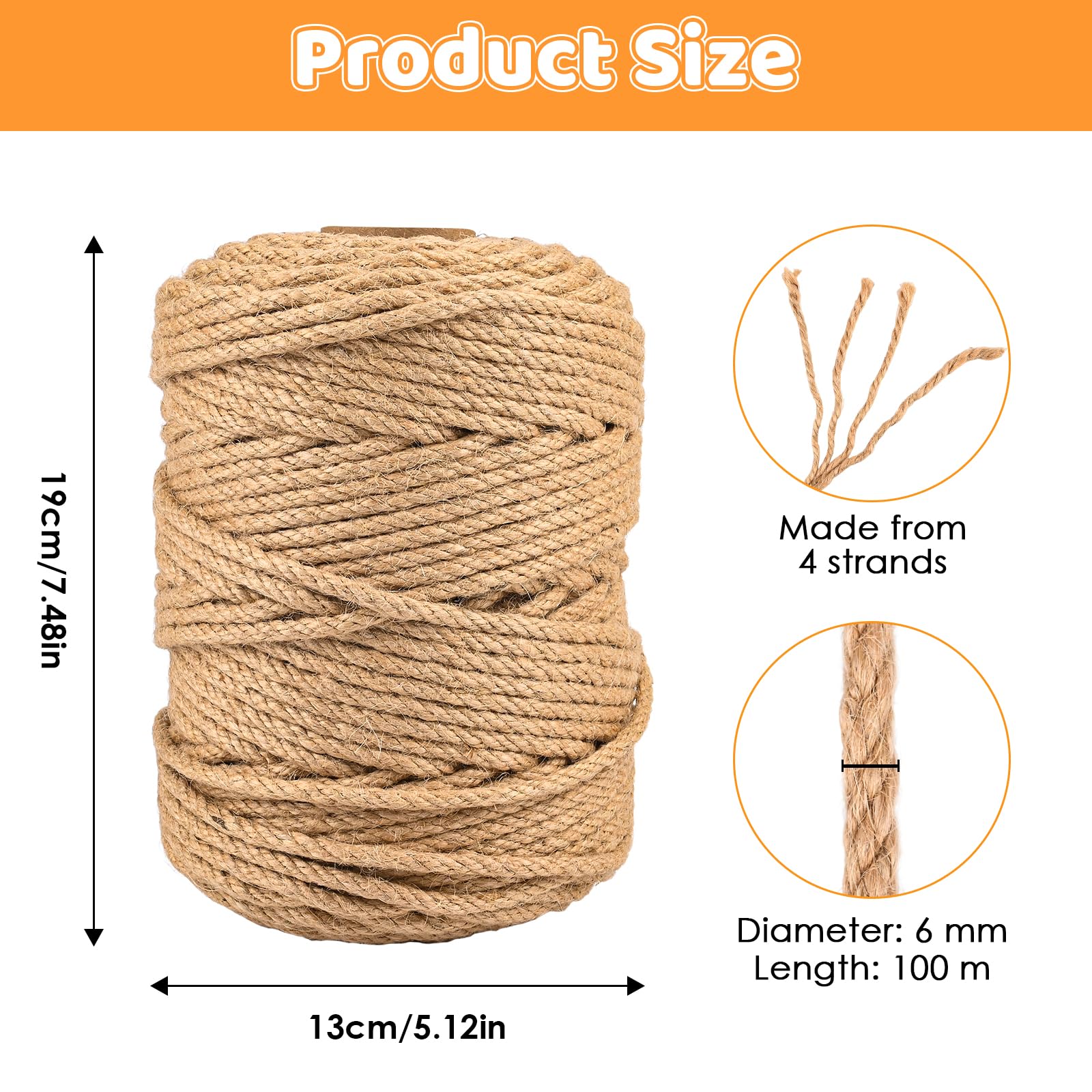 Corde Arbre à Chat, 6 mm x 100 m Corde en Sisal Naturelle, pour Réparation et Remplacement de Chat Scratch Pilier, Rayure Arbre, Tampon, Décoration de Bricolage de Jardin et Maison