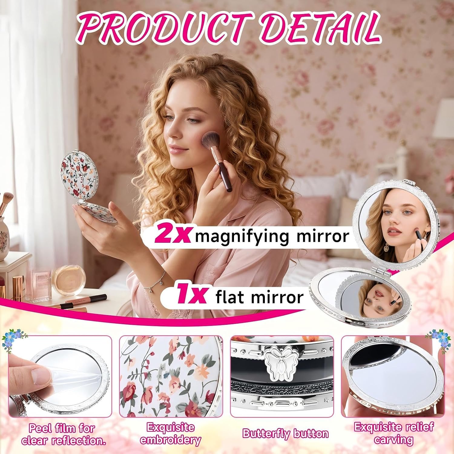 RattanView 24 Pack Mother's Day Mirrors Gift Set Makeup Compact Mirrors with Cards for Mom Mother's Day Floral Makeup Mirror Gift Small Portable Flower Pocket Mirror for Mother Women Party Favor