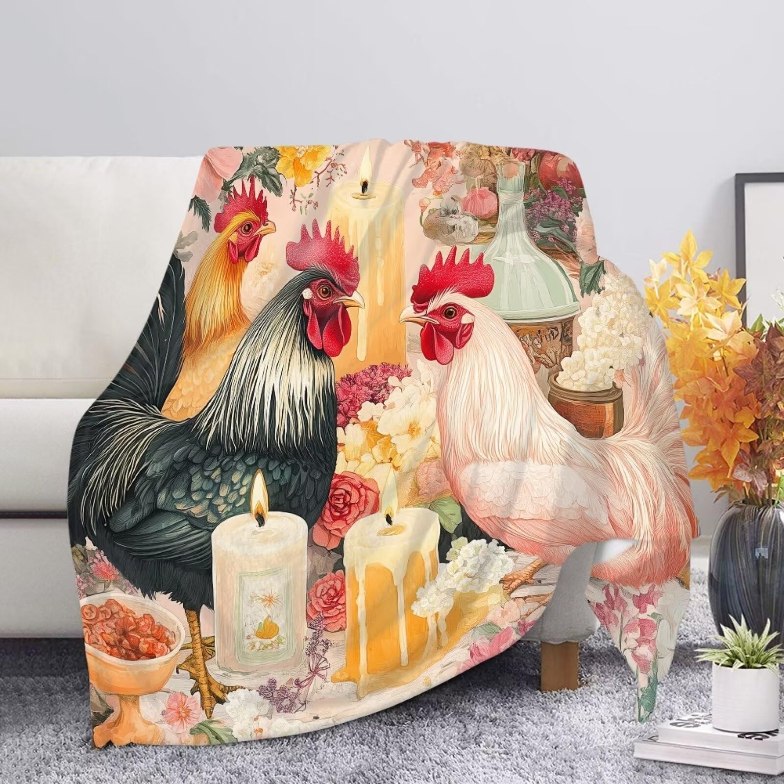 Allcute Nostalgic Style Rooster Throw Blanket for Couch Bed Cozy Pink Soft Blankets for Women Spring Winter Fall Sofa Blanket Home Decor โ image 1