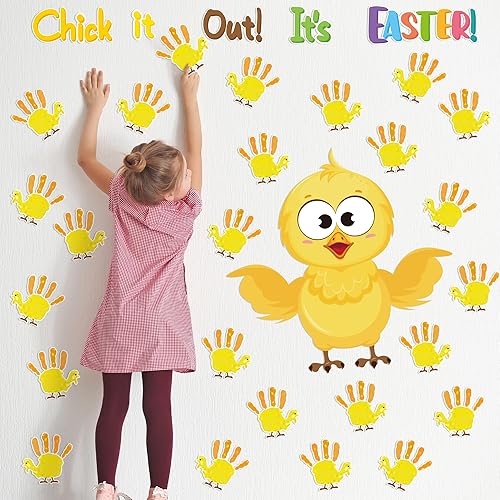 Miniatura 7 de B1ykin Juego de 77 piezas de decoración de tablón de anuncios con estampado de manos de pollitos de Pascua, decoración de pared de pizarra de tiza