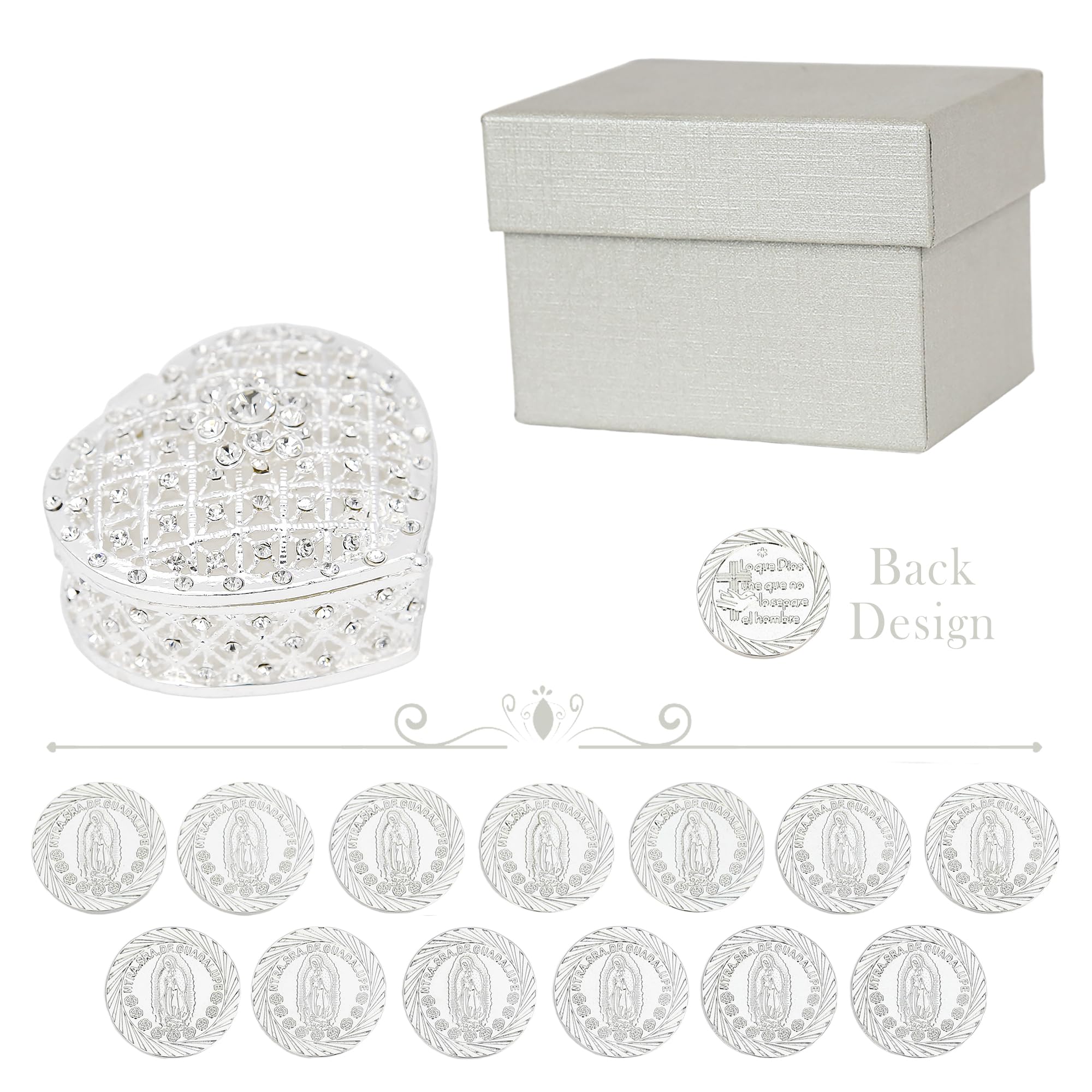 TINGKU Arras mexicanas de oro para boda católica, Arras de Boda Cristiana, Nuestra Señora de Guadalupe Monedas Decoración de Boda (Silver, Caja de corazón estilo D)