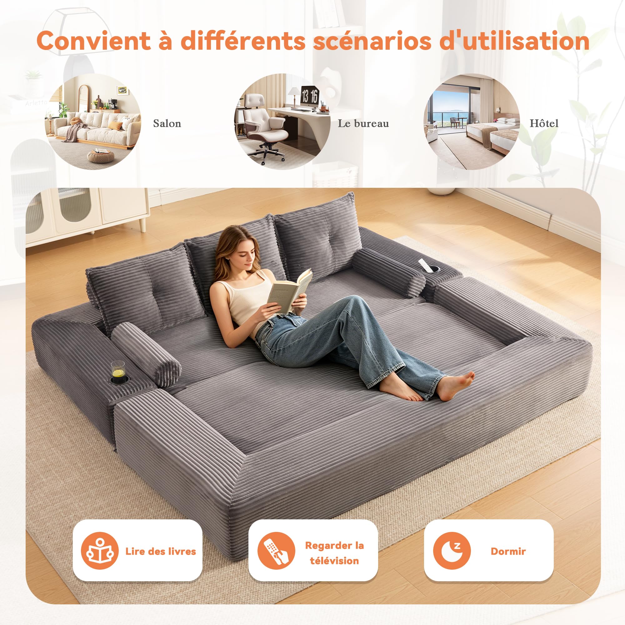 Zepneiy Canapé Compressé avec Oreiller à mémoire de Forme et 2 oreillers décoratifs, Canapé 3 Places avec Poches et Porte-gobelet, Canapé Pliant en Corde avec Mousse Haute densité, Gris Foncé