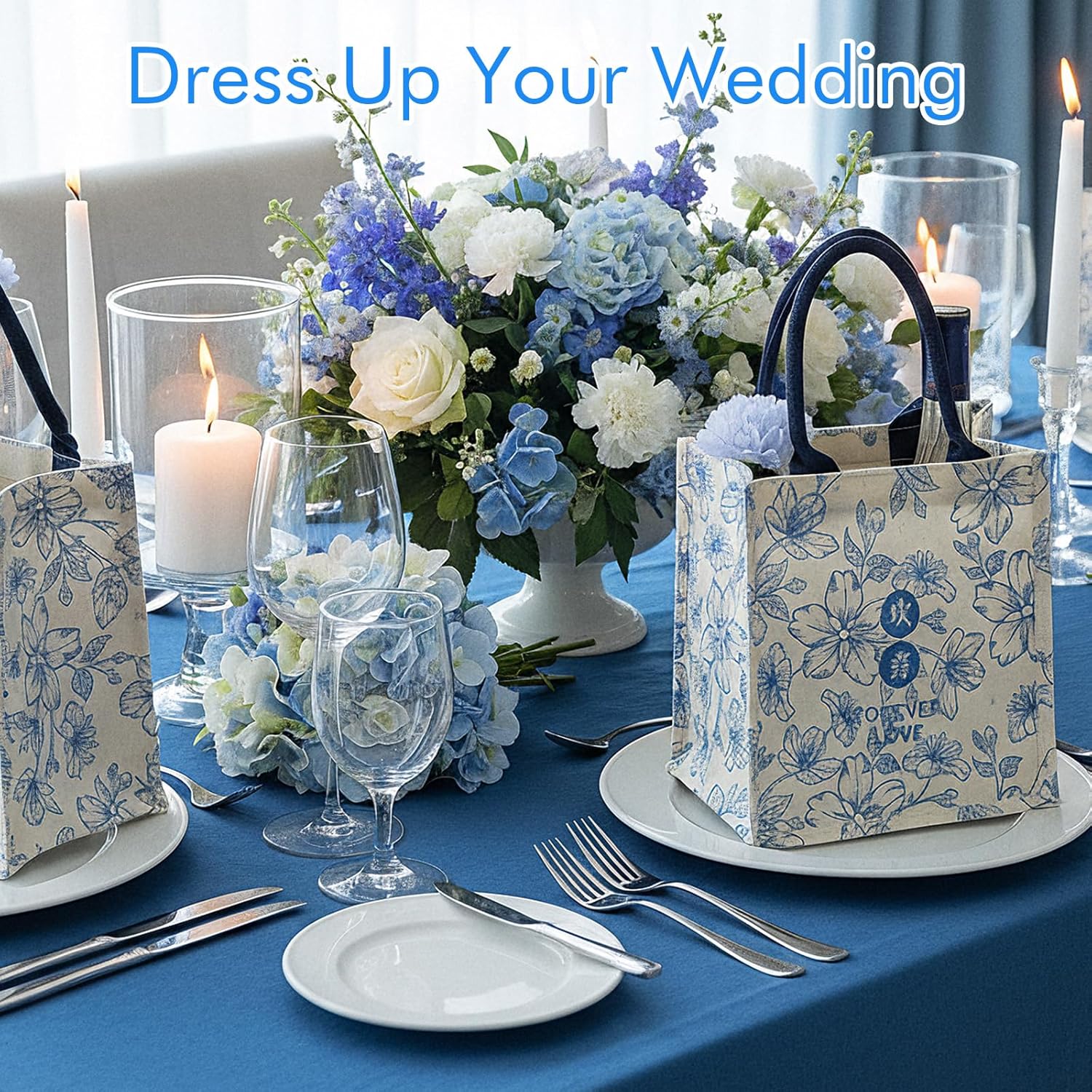 6 Pcs Bridesmaid Bags Blue White Vintage Floral Burlap Tote Bridal Party Gift Bags Reusable Jute Tote with Handles Medium for Wedding Day Engagement DIY Shopping Bridal Shower - Image 7