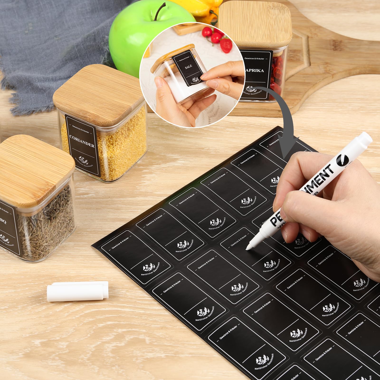 Set di 12 barattoli per spezie, rettangolari, da 120 ml, con coperchio in bambù, con etichette e pennarello bianco