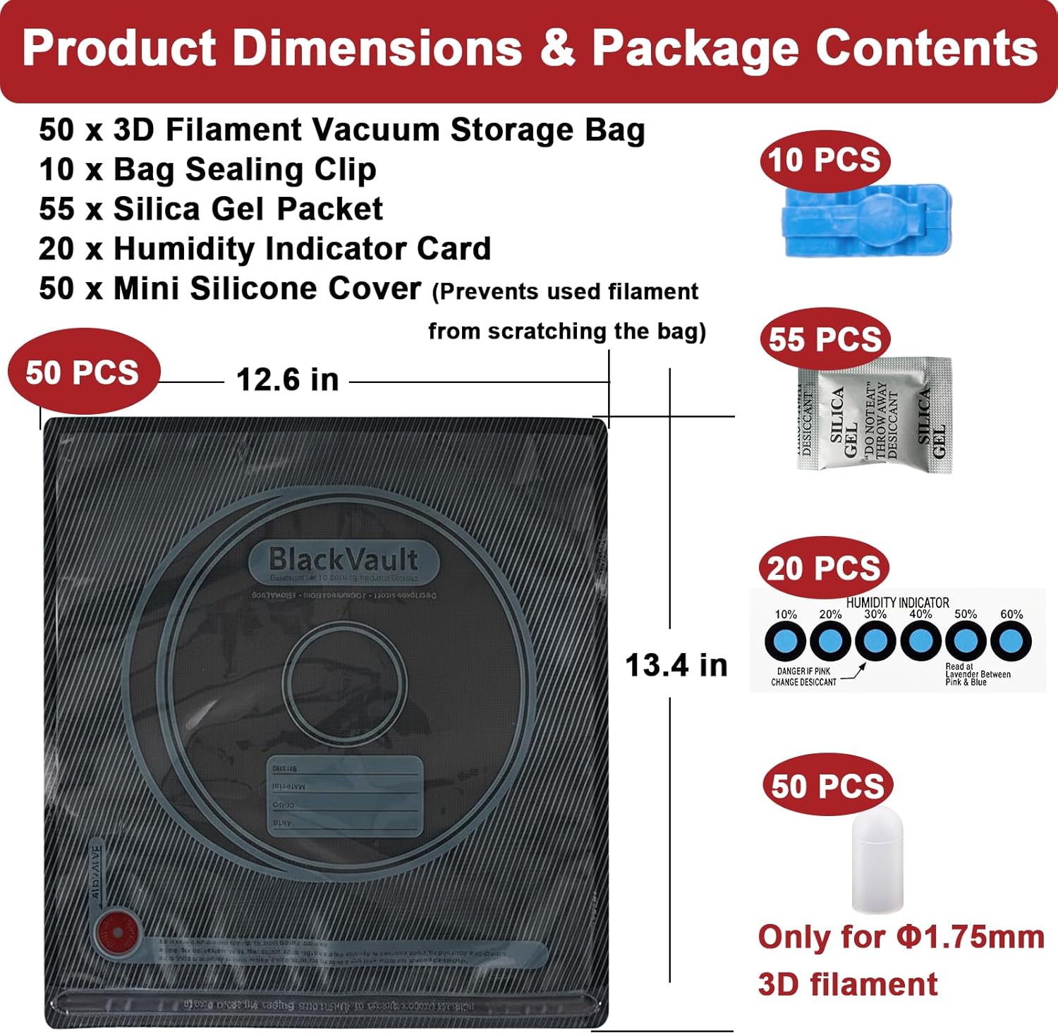 50 PCS Filament Storage Bags, 3D Printer Filament Bags Reusable Vacuum Storage Bag Kit with Sealing Clips, Desiccants, Humidity Indicator Card and Mini Silicone Cover, 12.6 x 13.4 in, Black