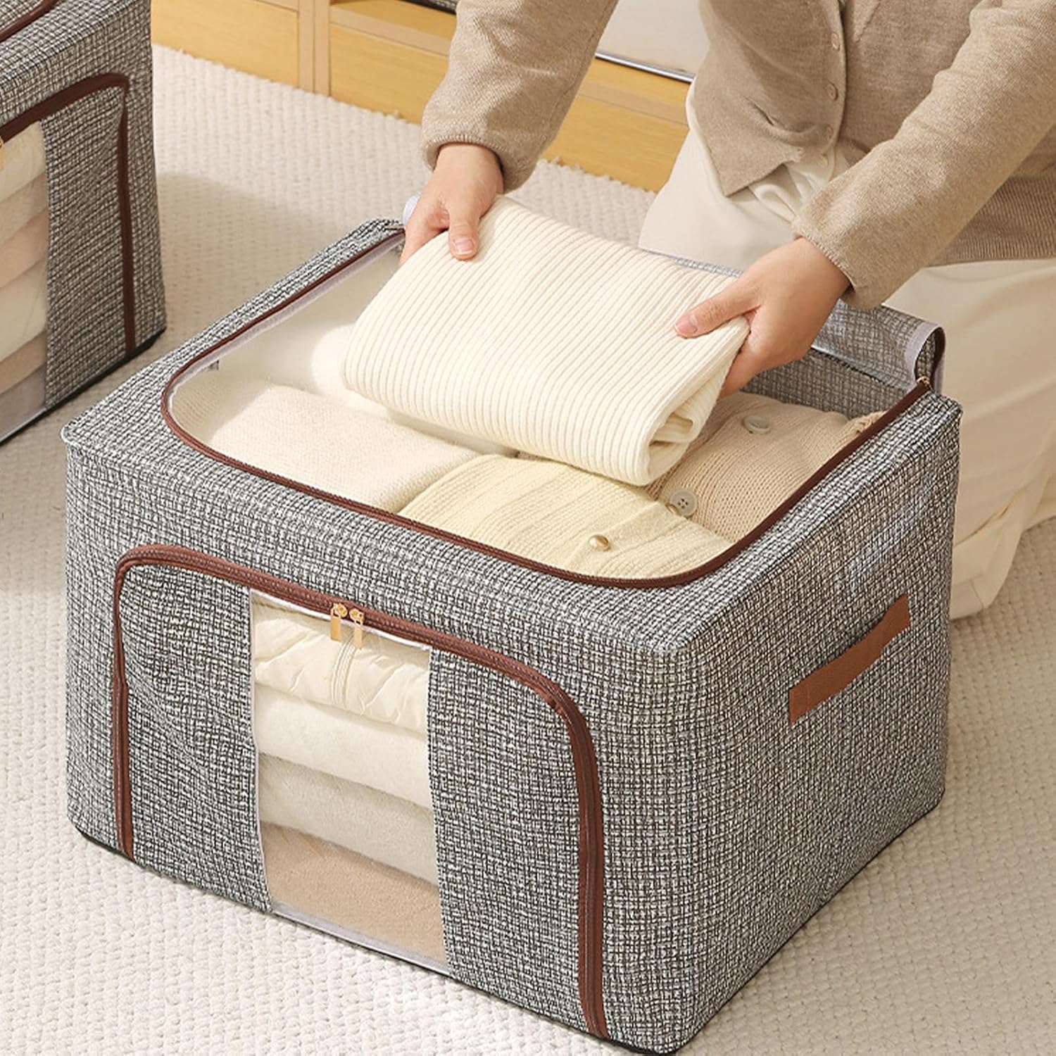 Clothes Storage Organizer Box, Foldable Blanket Container Bin, Zipper Lid Closet Storage, Large Capacity Fabric Organizer, Space Saving Solution, for Sheets Quilts Jeans Toys Bedroom Dorm Use