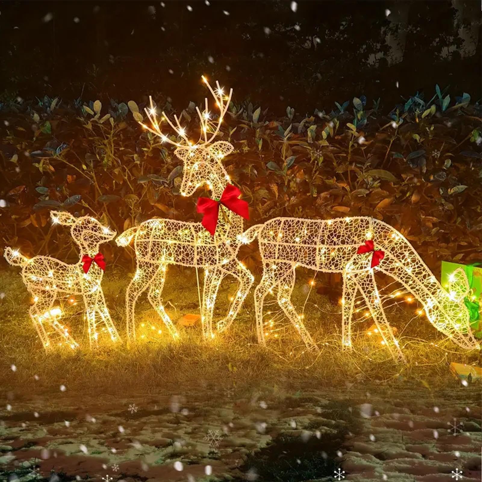 3 Stück beleuchtete Weihnachtsrenteier Dekoration, beleuchtete Weihnachtsrenteier Leuchten Hirsch Dekorationen, wasserdichte beleuchtete Weihnachtsrenteier, LED funkelndes Rentier mit Glocke und Bogen