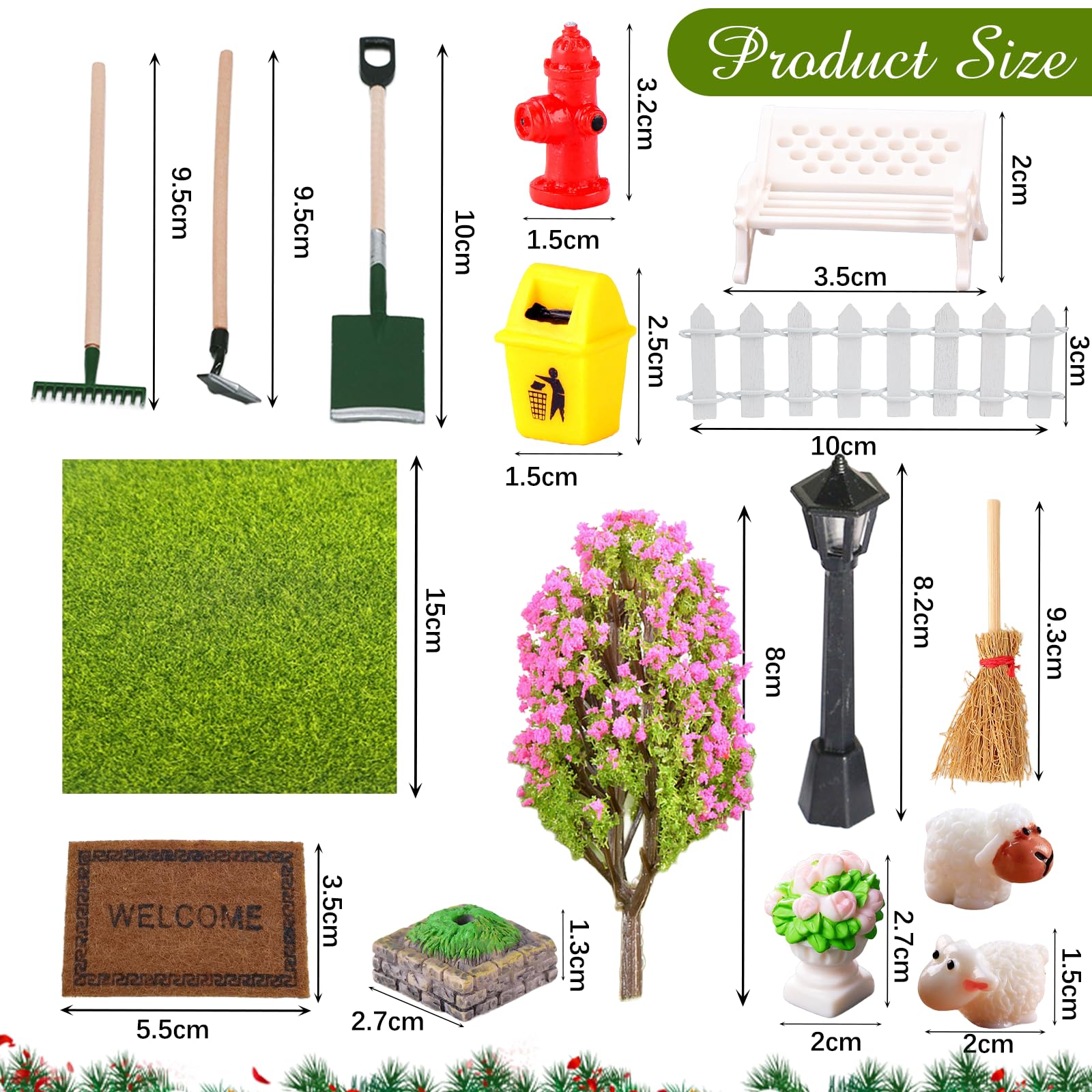 21 Stück Miniatur Garten Zubehör, Wichtel Zubehör Puppenhaus Zubehör Mit Gras, Stühle, Werkzeug, Zaun, Mülltonne, Hydrant, Blumenbeet, Kreppmyrte, Besen, Teppich, Schafe Wichtel Garten Set