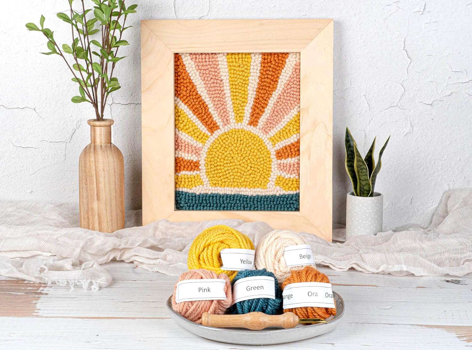 String of the Art Sunrise Punch Needle Kit - Includes 14" by 12" Frame w/Attached Monks Cloth, Punch Needle Tool, 100% Wool Yarn, and More