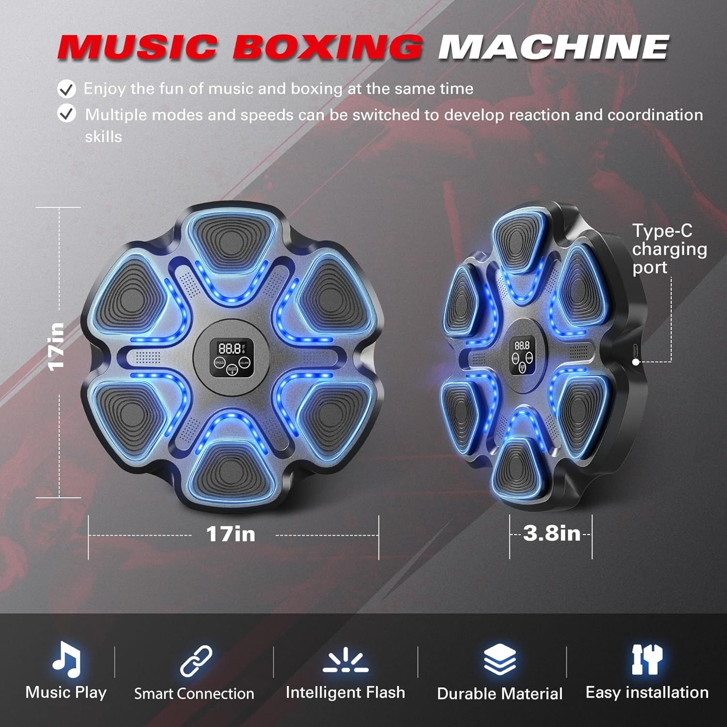 Music Boxing Machine with Gloves for Adults Boxing Machine Wall Mounted Music, Smart Connection Boxing Equipment for Home and Gym, Training Machine with Electronic Wall Mounted