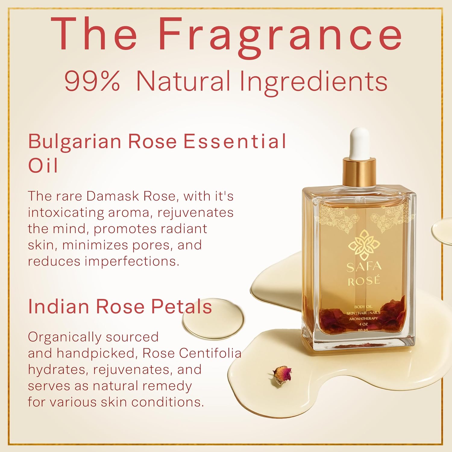 SAFA Rosé Oil - Organic Rose Essential Oil for Face, Body, Hair, Nails & Aromatherapy | After Shower Body Oil | Skin Moisturizer - Natural Scented Perfume for Women - 4 Fl Oz