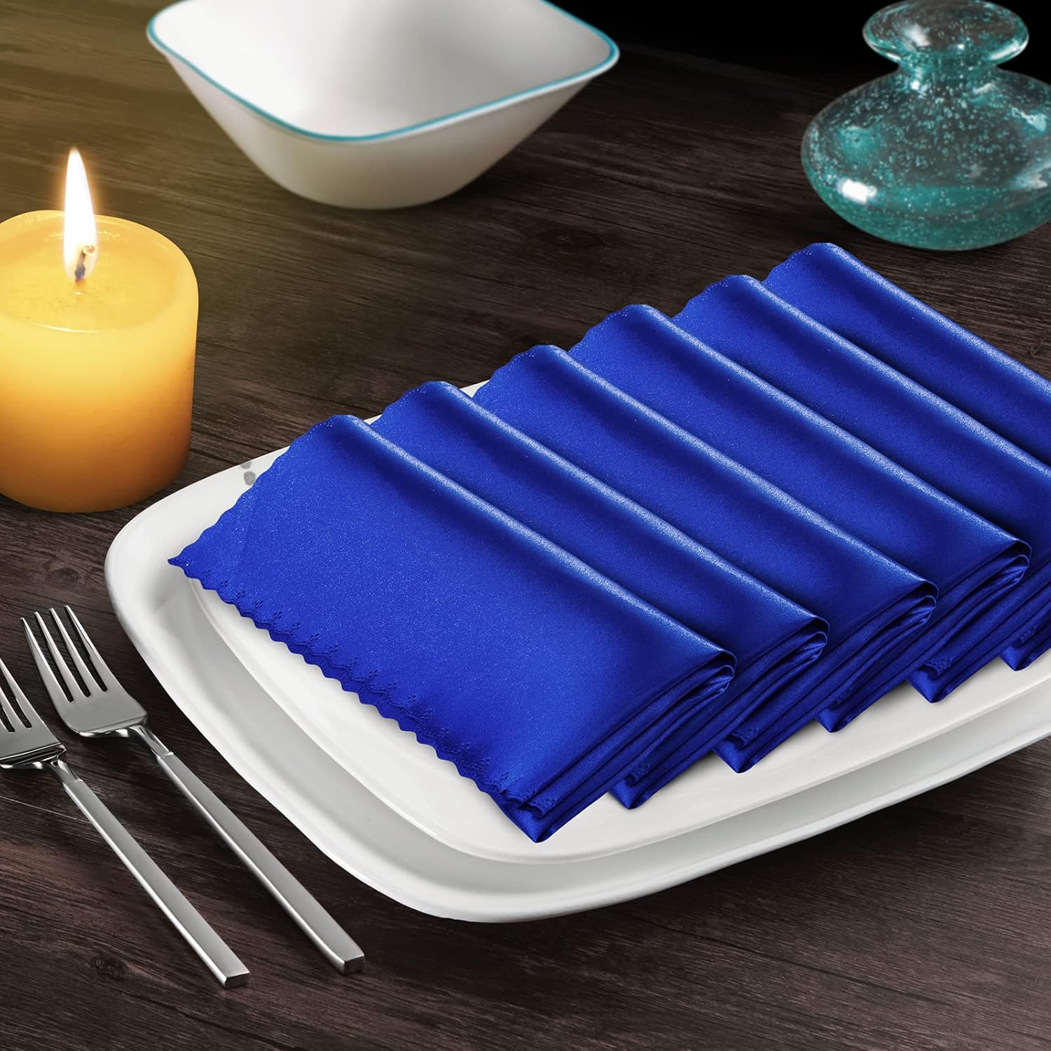 Manyshofu 6 Pieces Royal Blue Satin Scalloped Napkins