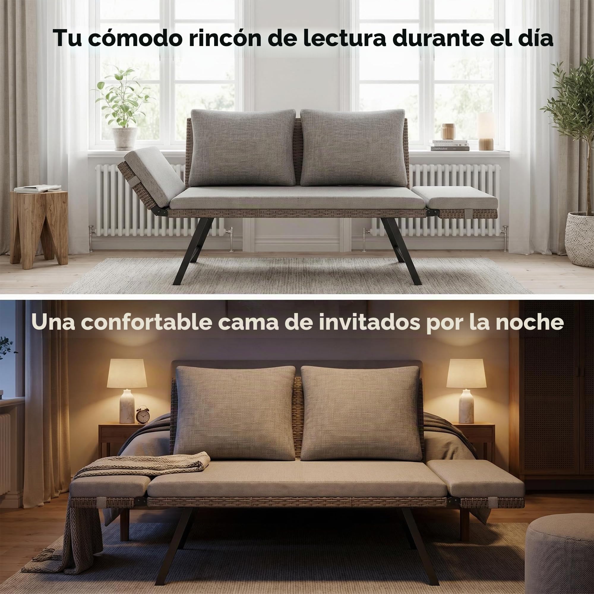 Fiutazge Sofá de Jardín de Rattan,2 Plazas con Reposabrazos Regulables,Convertible en Cama de Día,Sofa Terraza Exterior con Cojines Gruesos para Balcón,Terraza y Porche,Beige