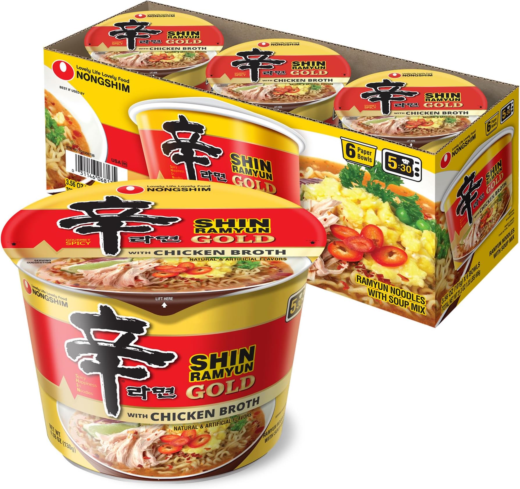 Ramen Noodles, Gourmet Instant Ramen bowl, Premium Microwavable Noodle Soup, Shin Gold, 3.56 Ounce (Pack of 6)