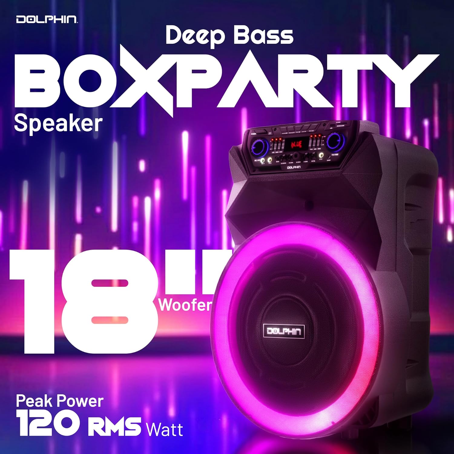 Dolphin SP-18RBT BoxParty Portable Bluetooth Speaker - 18" Woofer, Wireless Microphone, Deep Bass & LED Lights w/ USB SD, AUX, Guitar & 12V Inputs - Rechargeable Huge Party Speaker W/ Trolley & Wheels