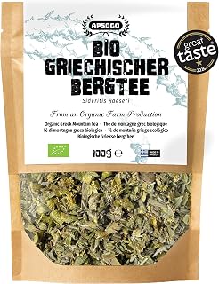 Apsogo Griechischer Bergtee Bio - Sideritis, lose Blätter, 100g | Einzelherkunft aus dem Peloponnes - loser griechischer Bergtee, ganze Blätter, Blüten und Stängel, koffeinfrei.