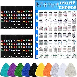 13 folhas de truques de tabela de acordes de ukulele com adesivos de escala de 2 ukulele e 10 ficks de feltro expandem o Uke tocando rapidamente para iniciantes e jogadores intermediários