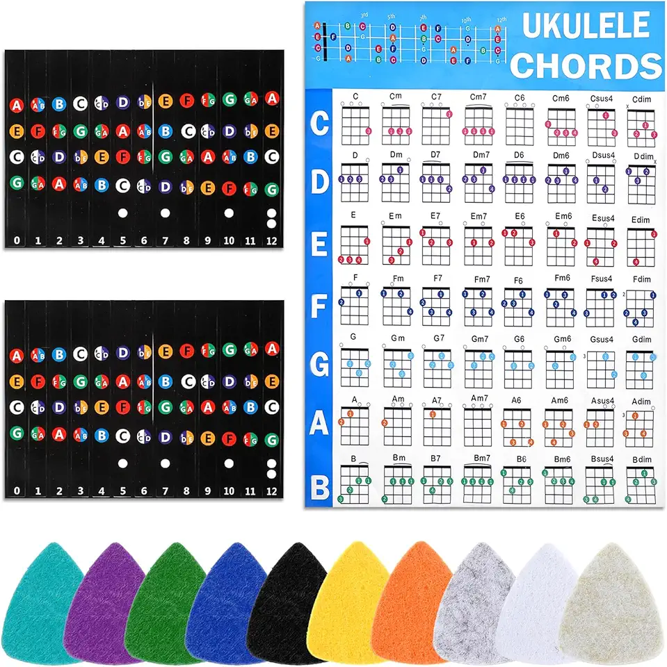 13 folhas de truques de tabela de acordes de ukulele com adesivos de escala de 2 ukulele e 10 ficks de feltro expandem o Uke tocando rapidamente para iniciantes e jogadores intermediários