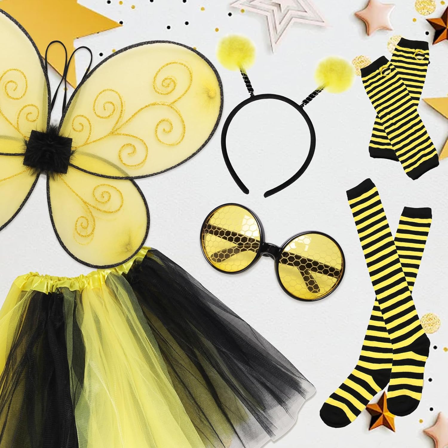 6Pcs Bee Costume Accessories Set Bee Costume Set Tutus Skirt Bee Wings Headband Glasses Striped Long Socks for Women Cosplay Party - Image 5
