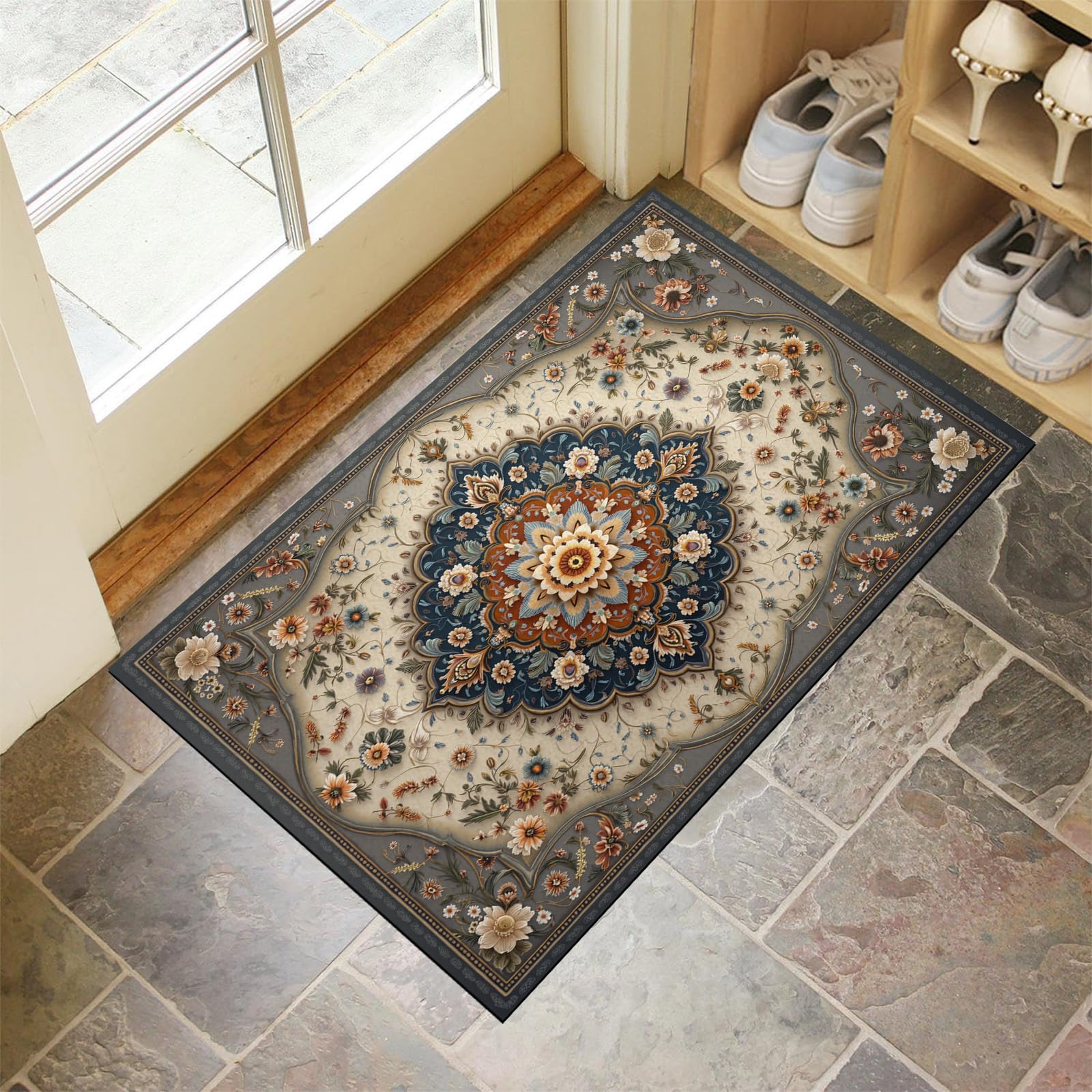 Paillasson d'intérieur antidérapant et lavable 90x150 cm à motifs floraux