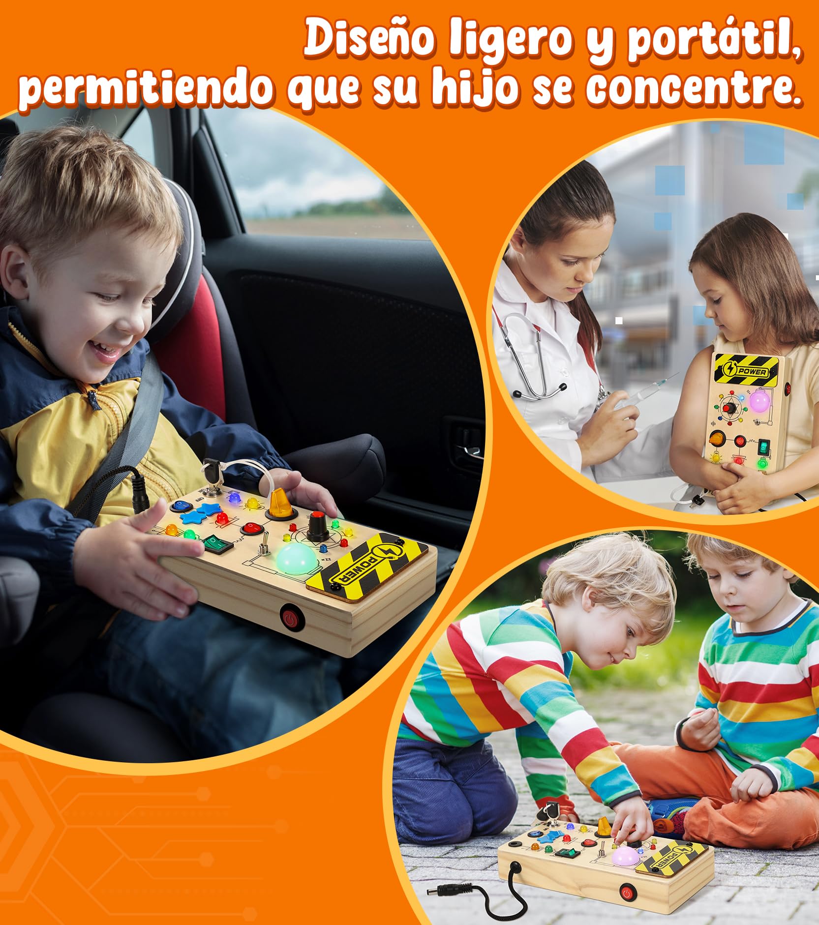 Motessori Busy Board de Actividad Sensorial 1 Año+ con 16 Luces LED y 9 ​​Interruptores, Juguete Educativo Montessori de Madera para Niños y Niñas de 1 a 7 Años, Juguete Educativo de Viaje