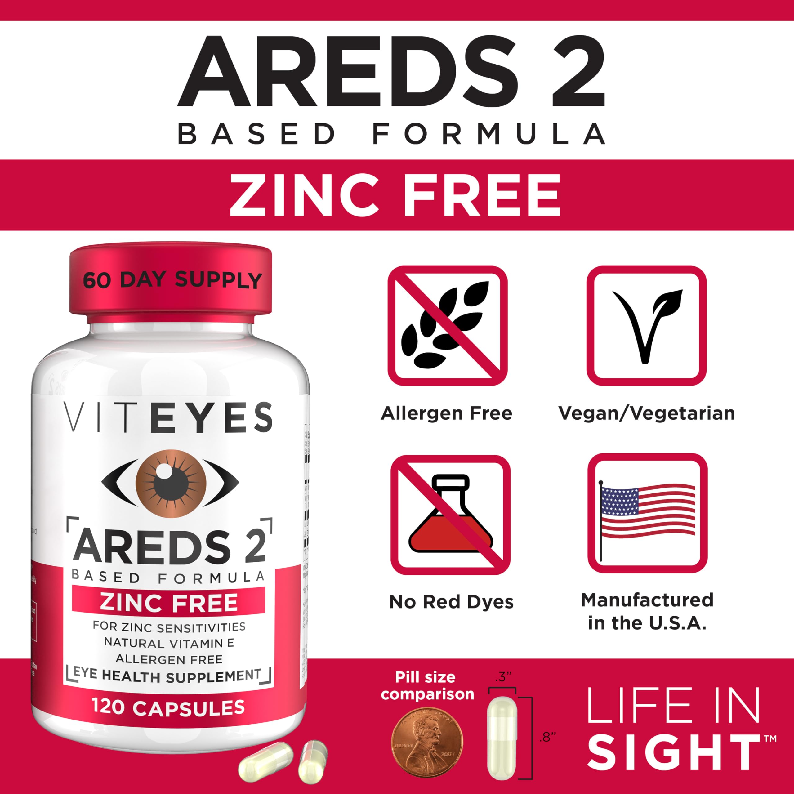 Viteyes AREDS 2 Zinc Free Macular Support, Natural Allergen Free Capsules with Vitamin E, Vitamin C, Lutein & Zeaxanthin, No Zinc, No Copper, Eye Doctor Trusted, Manufactured in The USA, 120 Ct — Amazon image 4