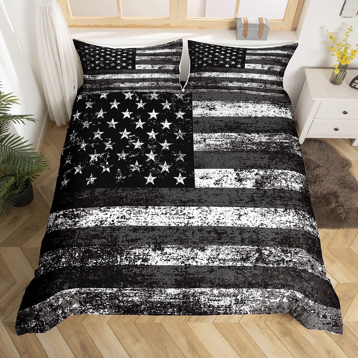 Feelyou American Flag Duvet Cover Full Size Kids Black and White Star Stripe Flag Comforter Cover for Boys Girls Teens Retro US Bedding Set Breathable Vintage Bedroom Decor Bedclothes