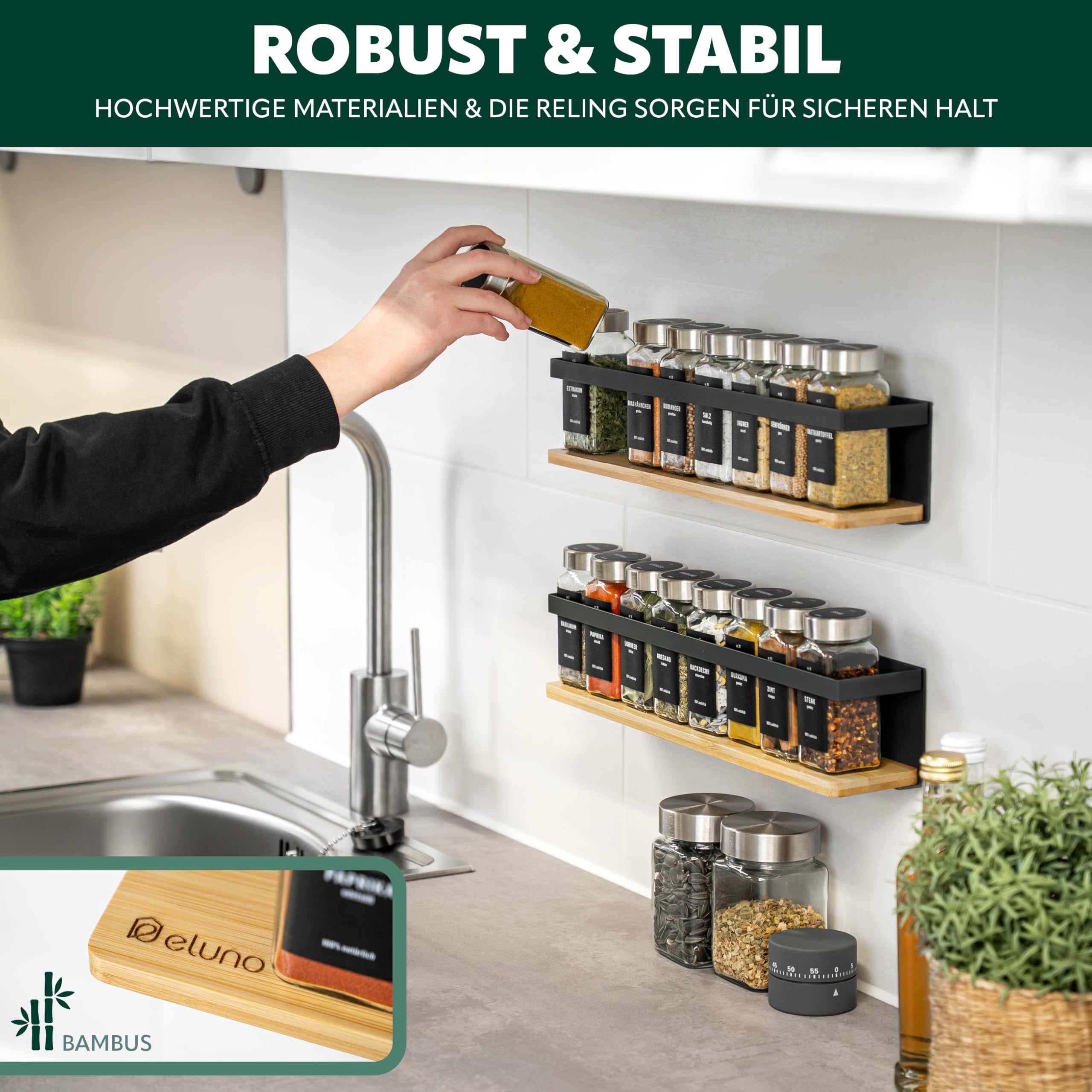 eluno Gewürzregale 2er Set mit Bambusboden, platzsparende Gewürzhalter zur Wandmontage zum Kleben oder zum Bohren - Regale schaffen mehr Ordnung auf der Arbeitsfläche, aus Metall (Schwarz)