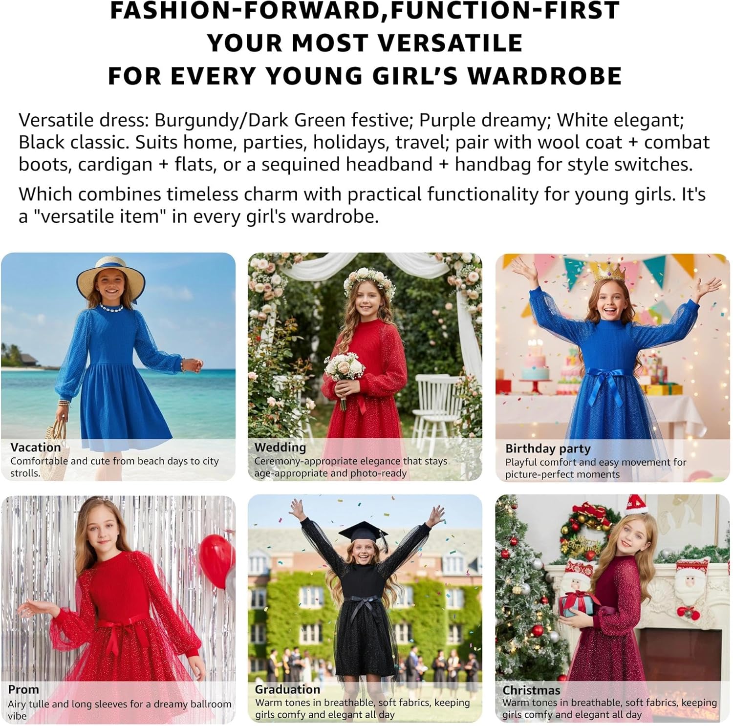 Little Bitty Girls Long Sleeve A-Line Sparkle Tulle Dress,Mock Neck Detachable High Low Mesh Skirt with Pockets 4-13 Years - Image 7