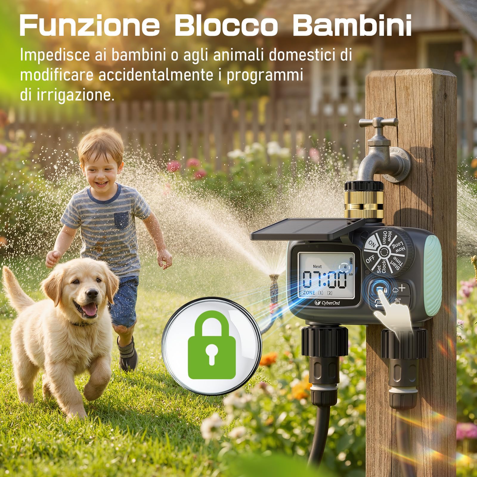 Timer per Irrigazione Solare CyberOrd a 2 Zone, Centralina Irrigazione con Ricarica Solare, Programmatore di Irrigazione con Modalità Auto/Manuale/Ritardo Pioggia per Prato/Patio/Giardino