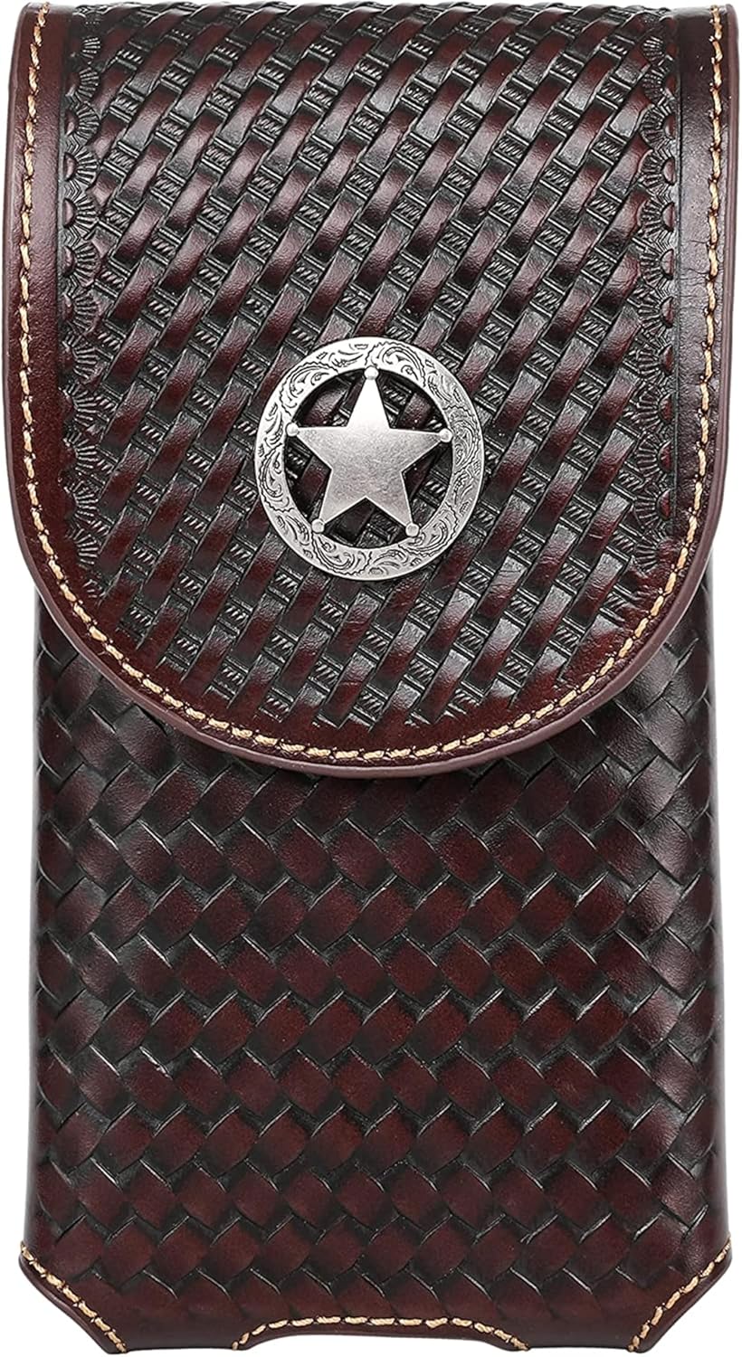 Star Western Lone Star Leather Holster Phone Pouch Coffee Brown Western Leather Craft with Metal Concho Handmade by Egifthome USA Item# EH12702, Size: 7" Lx4 Wx1 h