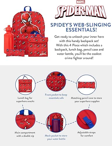 Vista 5 de Marvel Juego de mochila Mochila para niños, bolsa de almuerzo, botella de agua y estuche para lápices Mochila Spiderman Talla única Rojo