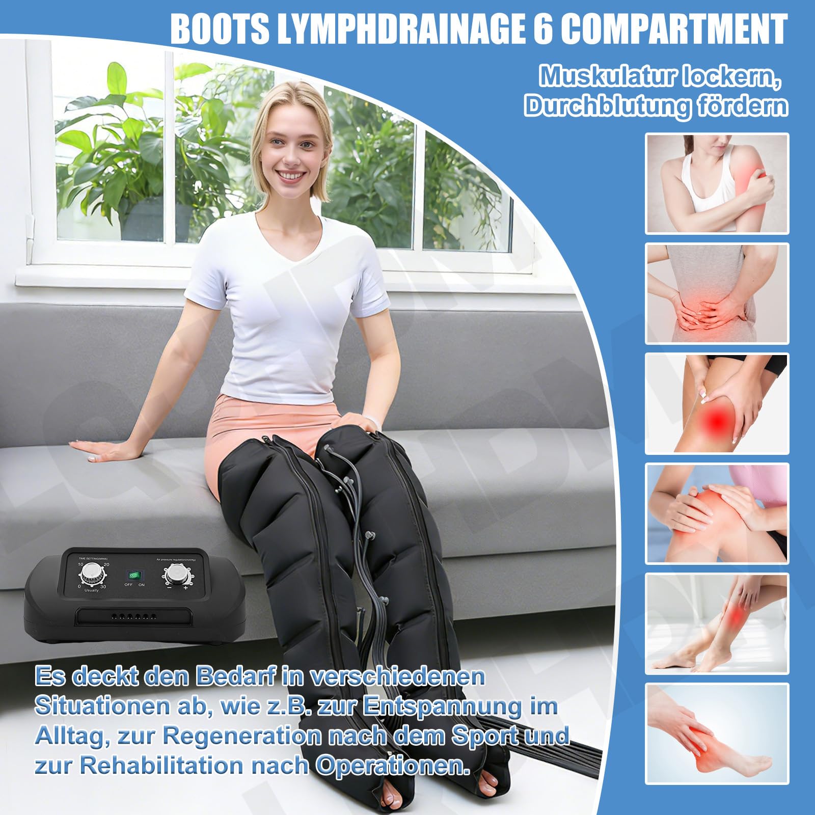 Lymphdrainage Gerät Beine Arme und Bauch | 6-chamber Presoterapia Recovery Boots zu Hause Beinmassagegerät | Professionelles Presotherapie, Verstellbar 30-240 mmhg (Schwarz 2 Beine, M)
