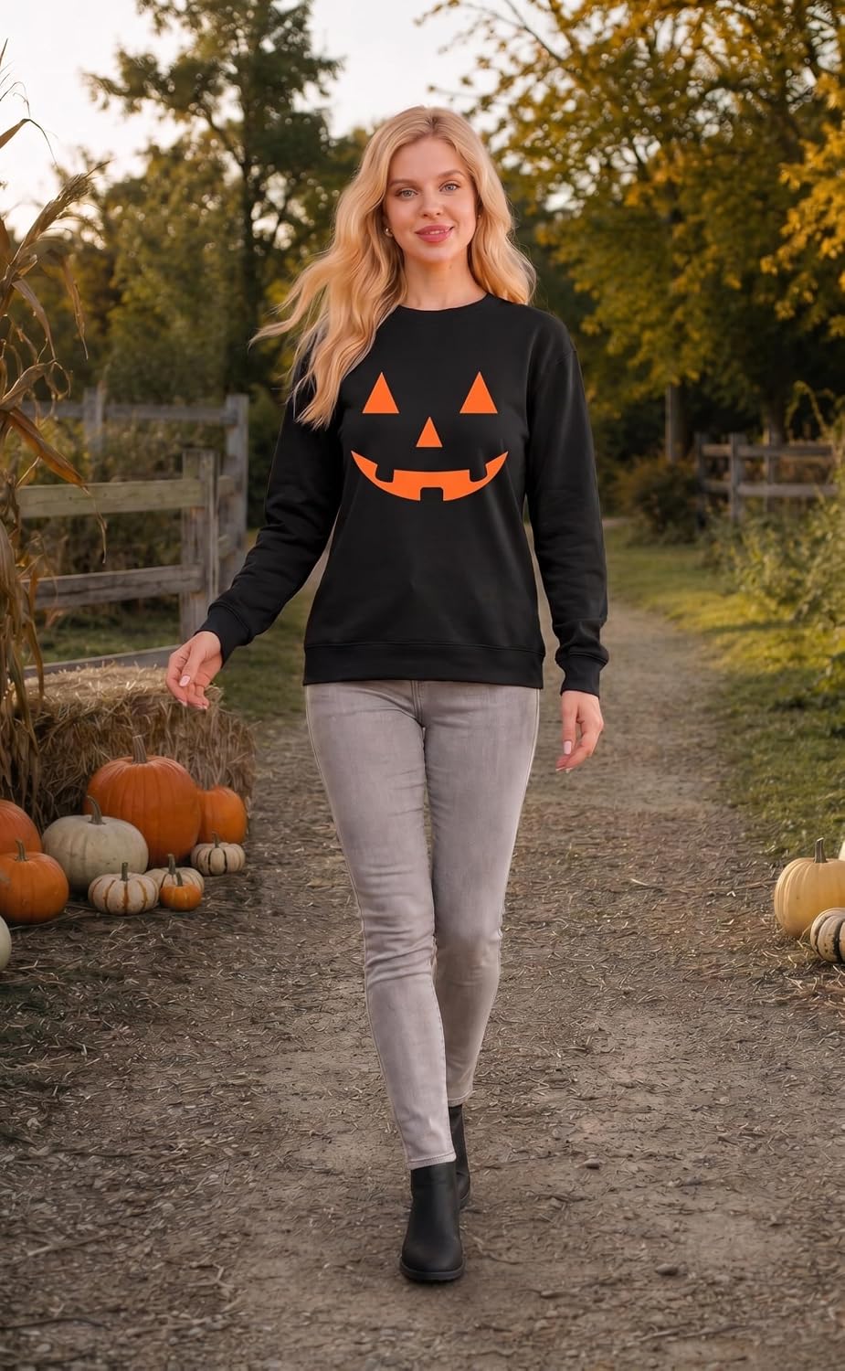 KKG Halloween Sweatshirts for Women Pumpkin Face Graphic Pullover Shirt