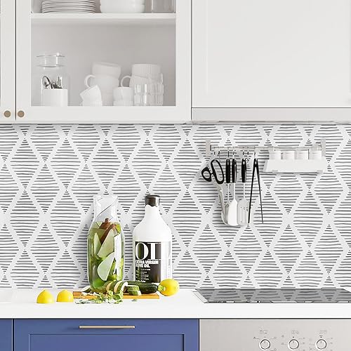 Miniatura 4 de WENMER Papel tapiz geométrico para despegar y pegar de 17.3 x 118 pulgadas, papel tapiz de rayas gris y blanco, papel tapiz geométrico,