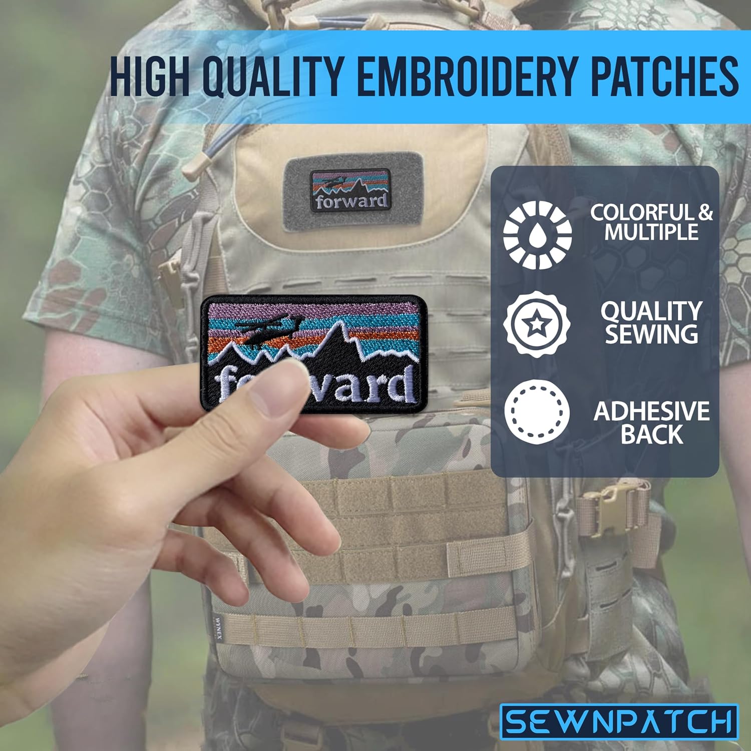 Forward Hook and Loop Patch for Backpacks Hats Vest Dog Harness Bags, Size 3" Sewing Patches, Camping Mountain Tactical Appliques for Clothes, Embroidery Patch, Adventure Gifts for Boys Girls
