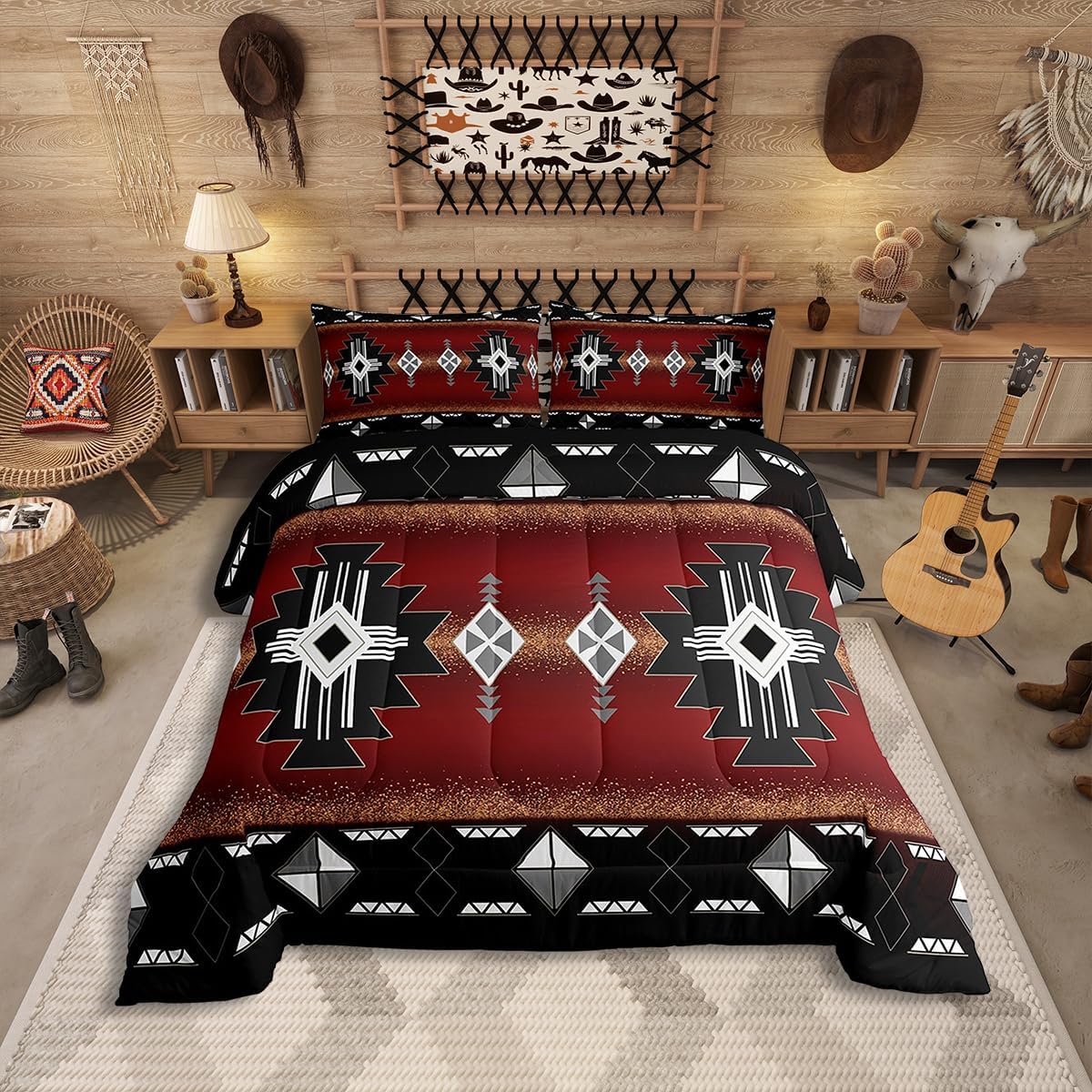 Erosebridal Rustic Western Queen Bedding Set, Southwestern Aztec Comforter Set for Boys Teens Men Bedroom, Exotic American Native Quilt Vintage Bohemian Geometric Bedding Comforter Sets, Red Black