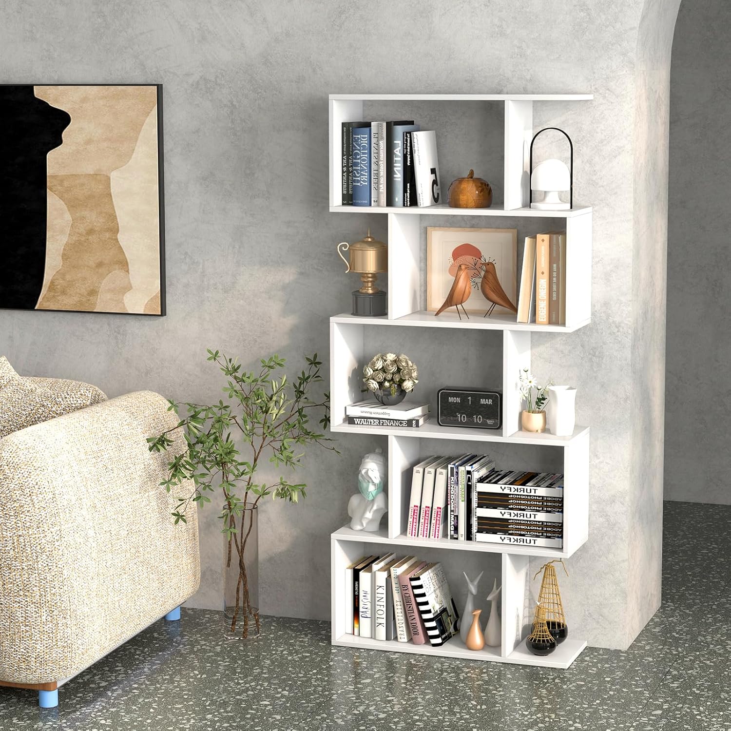 5 Tier Geometric Bookcase, S Shaped Bookshelf, Modern Decorative Storage Shelving, Wooden Room Divider Bookcase, 62.5" Tall Staggered Display Book Shelf for Living Room (2, White)