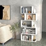 5 Tier Geometric Bookcase, S Shaped Bookshelf, Modern Decorative Storage Shelving, Wooden Room Divider Bookcase, 62.5" Tall Staggered Display Book Shelf for Home Office (2, White)