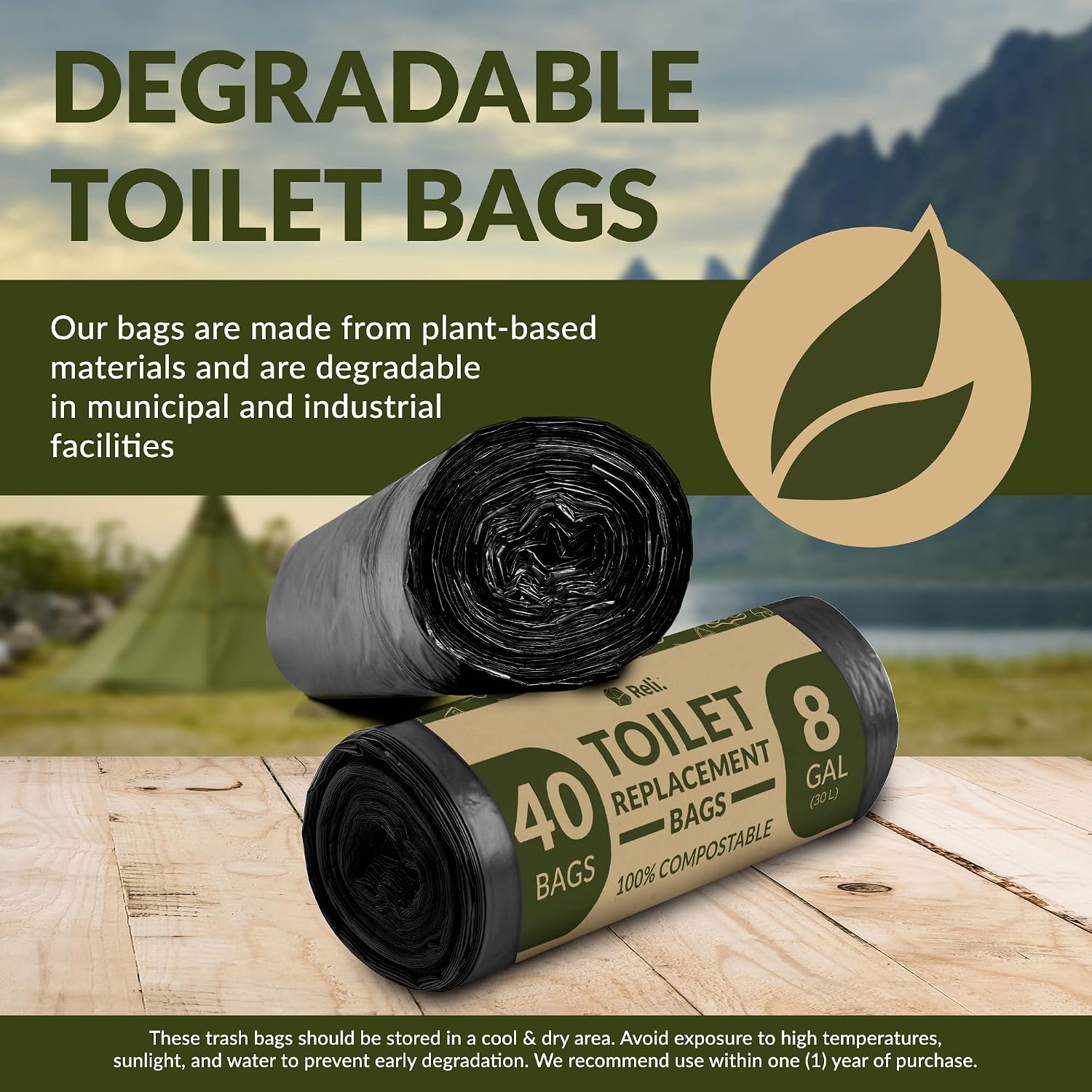 Reli. Compostable Portable Toilet Bags 40 Count, 8 Gallon, ASTM D6400 | Toilet Liners for RV, Hiking & Camping