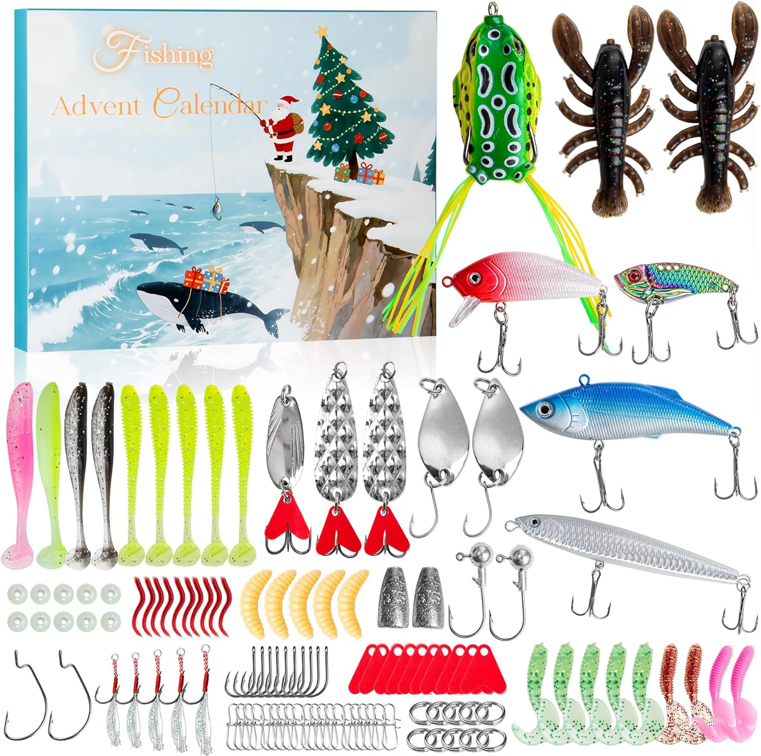 Fishing Advent Calendar 2025, 114 Pcs Fishing Lure Kits, Christmas Advent Calendar 24 Days, Countdown Calendar with Freshwater & Saltwater Fishing Lures, Frog Lure, Surprise Gift for Adult, Fisherman, Men, Teen