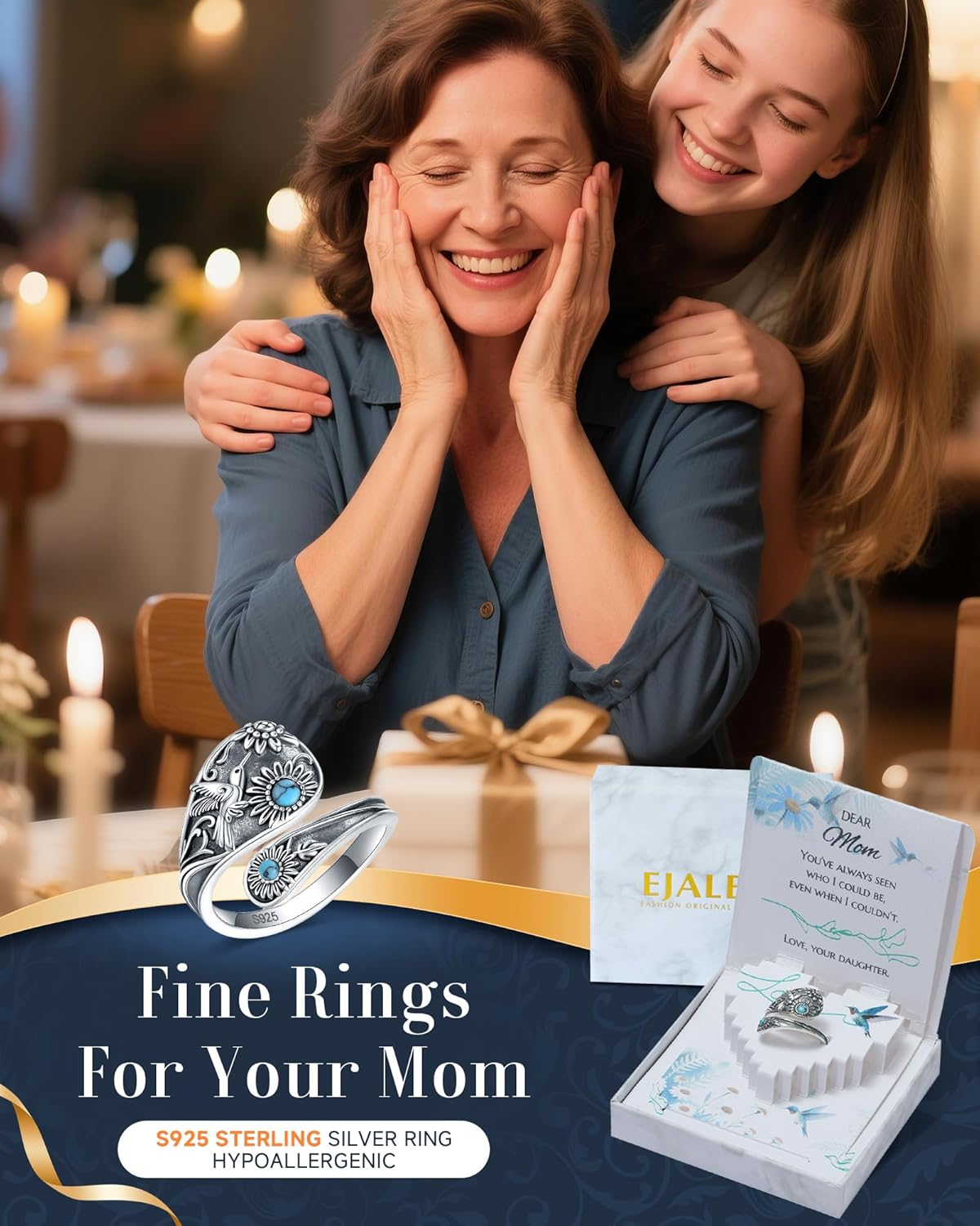 Turquoise/Opal/Obsidian/Abalone Dragonfly/Butterfly Sunflower Vintage Thumb Spoon Adjustable Ring Jewelry Gift for Mom/Daughter/Wife/Women (Turquoise Hummingbird, Mom)