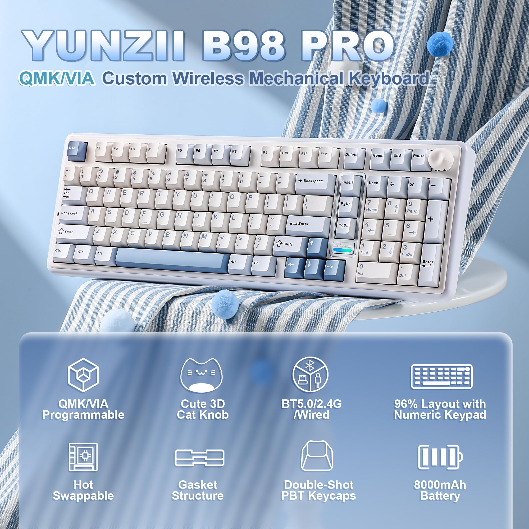 YUNZII B98 PRO QMK/VIA Wireless Mechanical Gaming Keyboard, 96% Layout with Numpad and Cute Cat Knob, BT/2.4G/USB-C, Pre-Lubed Switch Hot Swap Gasket, RGB for Win/Mac (Blue, Milk V2 Linear Switch) - 3