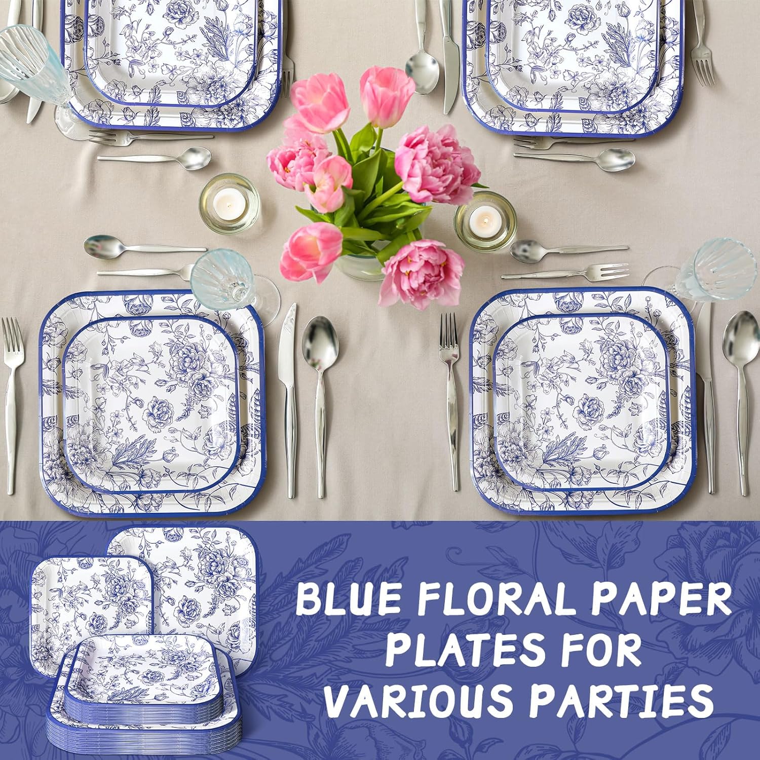 Umigy 100 Pcs Paper Plates Flower Dinner 9'' Floral Disposable Paper Plates 7'' Square Dessert Set for Dinner Birthday Wedding Baby Shower Party Tableware(Blue,Flower)